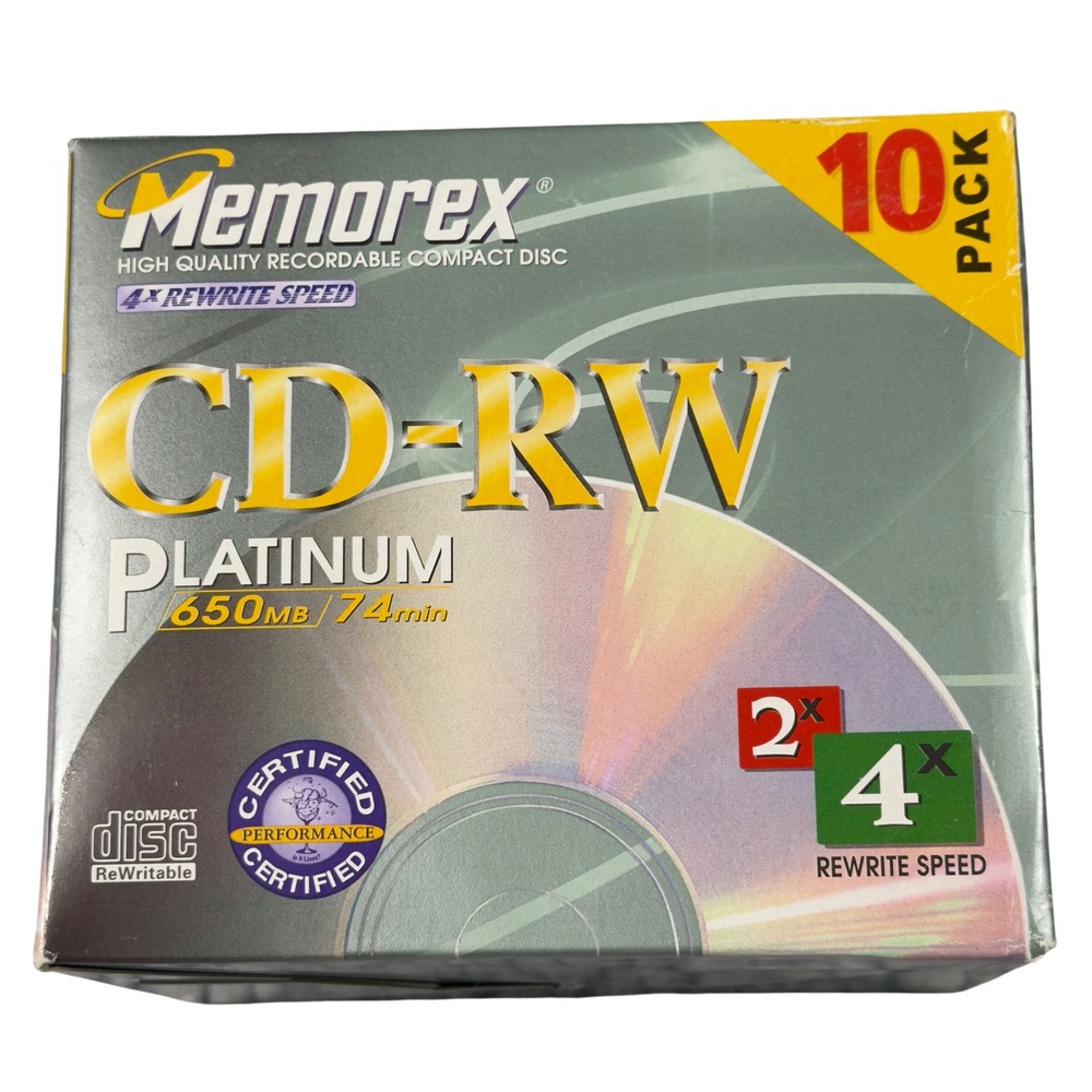 Memorex CD-RW Platinum 10 Pack 650MB 74min 4x‎ Rewrite Speed Blank Media Vintage